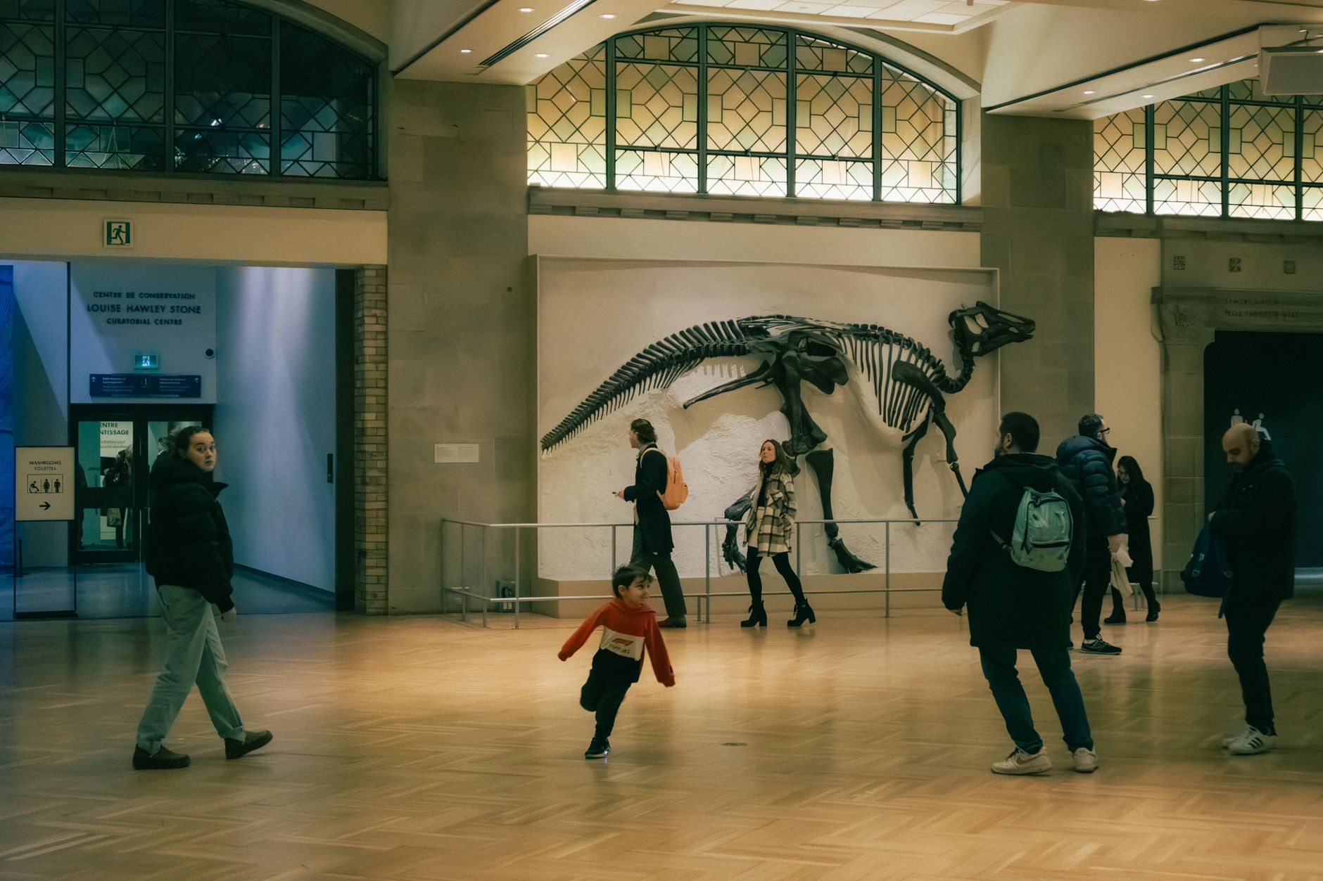 Zwiedzający przy wielkim szkielecie dinozaura w muzeum